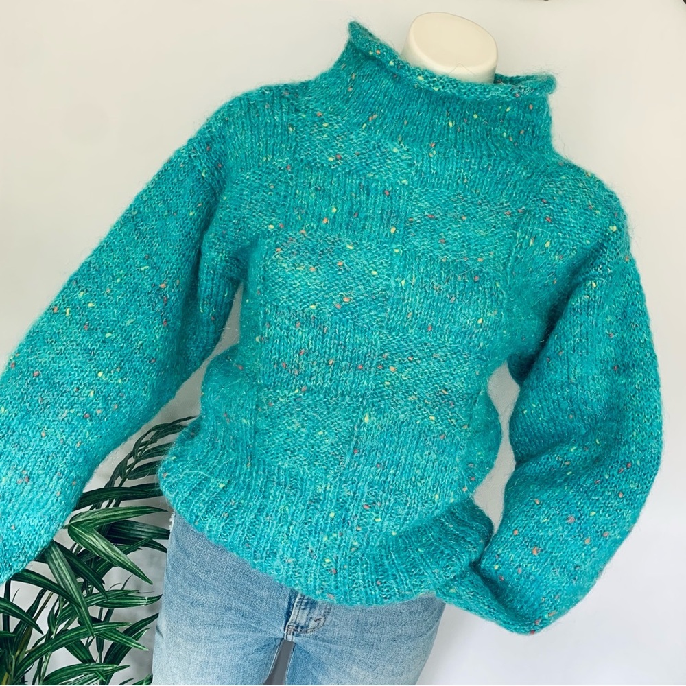 f u z z y :: Vintage Mohair Slouchy Turquoise Handmade Knit Sweater - Picture 14 of 14